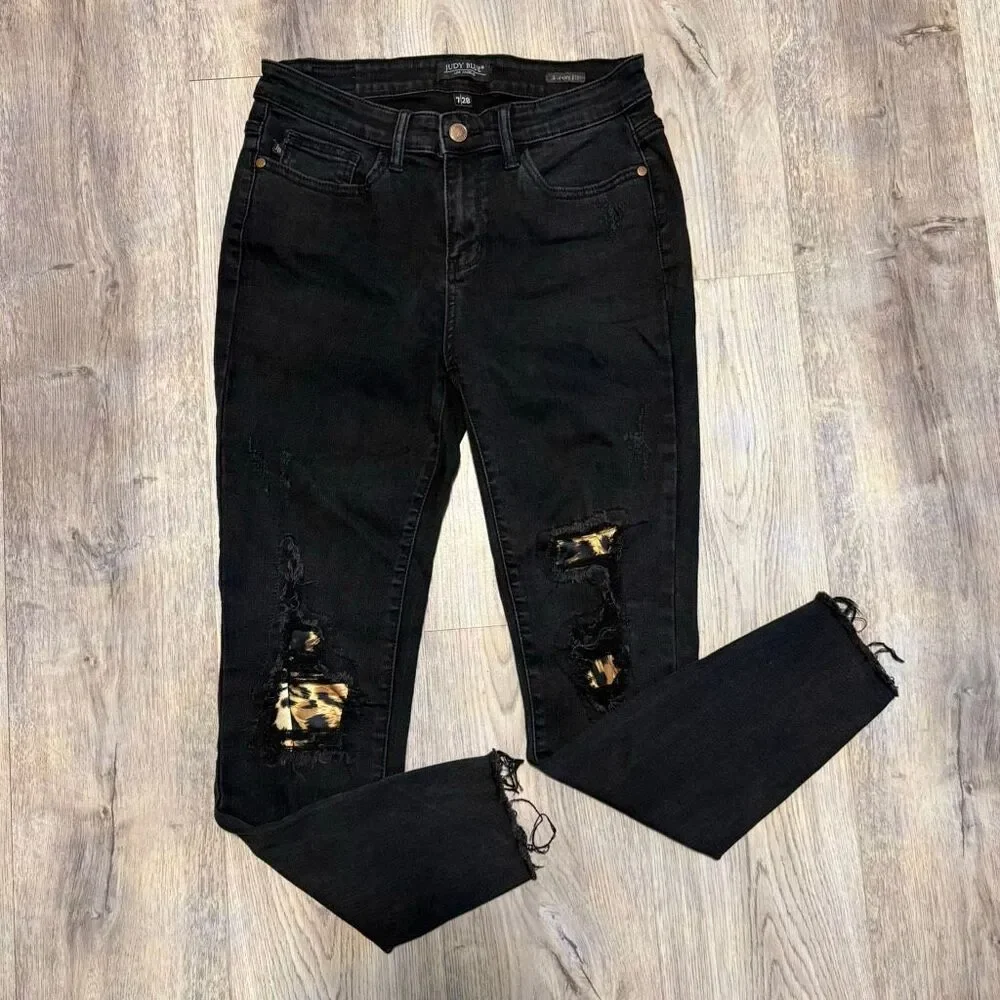 Judy Blue Jeans Womens Size 7/28 Black Distressed Leopard Raw Hem Skinny Stretch